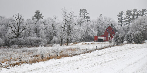 Old red weathered barn in snow covered trees on the farm