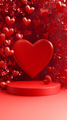 Obraz premium Red podium background for product, Symbols of love for women's holiday, Valentine's Day, 3D rendering.