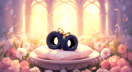 Unique wedding rings concept with tires in romantic floral setting