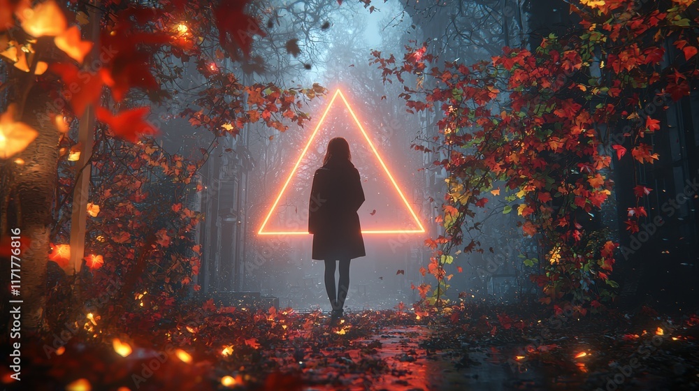 Poster mystical forest encounter enchanted grove digital art autumn atmosphere rear view illuminated triang