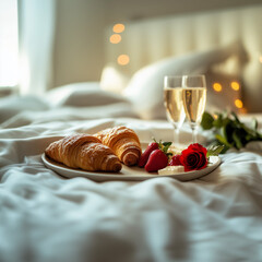 Luxurious Valentine's Day breakfast setup in a cozy hotel suite, romantic morning atmosphere with croissants, strawberries, and champagne, banner for hotel promotion
