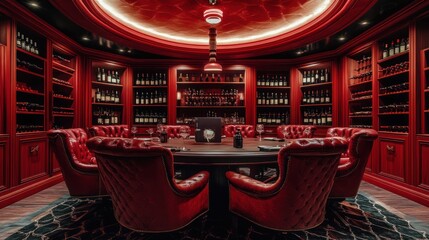Red wine cellar tasting room, circular table, private event