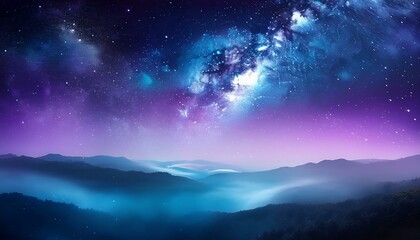 Naklejka premium Mystical night landscape with vibrant purple and blue hues under a starlit sky.