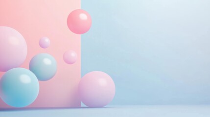 Pastel-colored spheres float against a soft pink and blue background.