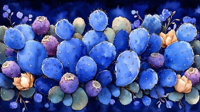 Watercolor painting of blue prickly pear cacti with flowers and leaves.