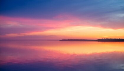 Serene sunset over calm water, painted in vibrant hues of pink, orange, and purple.