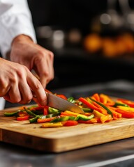 Obraz premium Slicing colorful bell peppers for fresh salad preparation kitchen food indoor close-up culinary arts