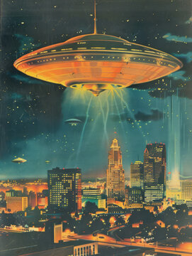 Retro vintage color photograph movie poster dramatic UFO flying saucer over a big city news style 1960s sci-fi science fiction alien invasion journalistic hoax conspiracy theory concepts