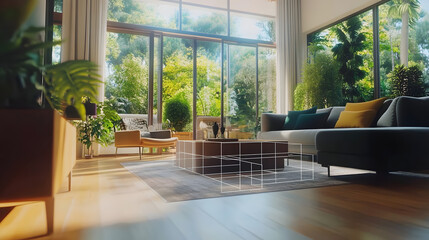 Fototapeta premium In a contemporary living room, artificial intelligence overlays a 3D model of furniture on the hardwood floor. Bright natural light from large windows illuminates the space filled with greenery.