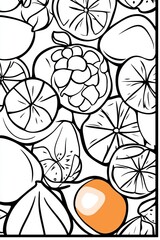 A vibrant orange fruit stands out among various outlined fruits in a monochrome illustration.