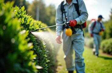 Gardener sprays pesticide on rich green bush outdoors. Pest control service pro wearing protective uniform, equipment. Applying insecticide to plants. Image suitable for nature, landscaping articles.