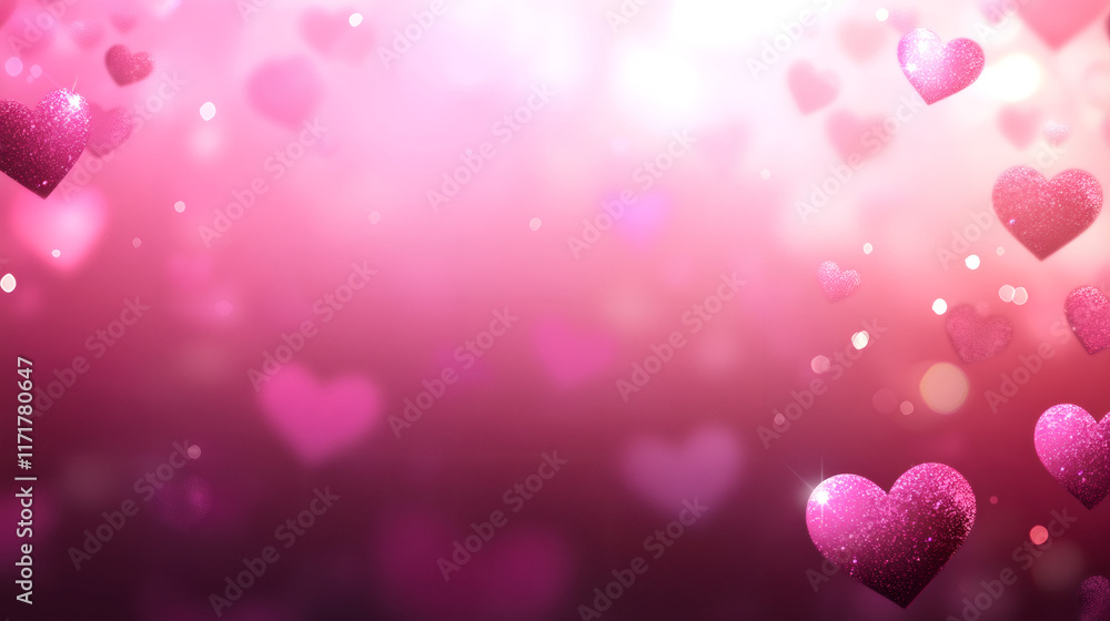 Aufkleber Pink background with floating hearts and bokeh effect, creating a romantic atmosphere for Valentine's Day