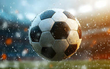 Fototapeta premium Wet soccer ball in stadium with rain.