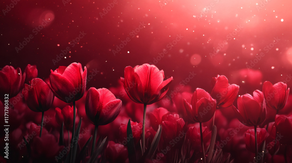 Poster romantic red tulips blooming under soft snowfall, generating dreamy valentine atmosphere with gentle