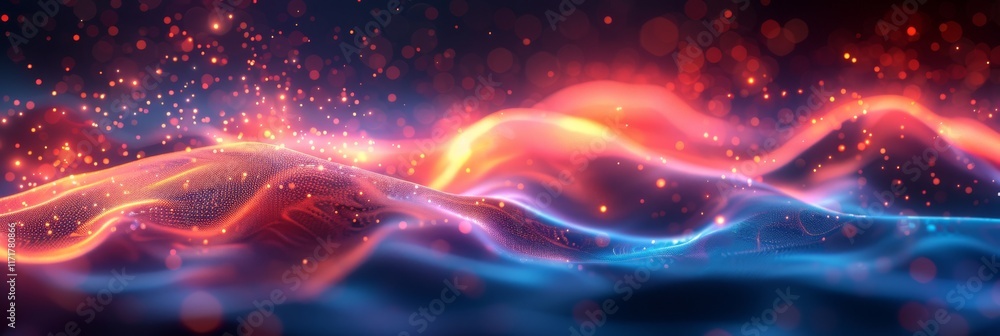 Poster vibrant waves of red and blue light flow over undulating surfaces, creating a dynamic and abstract s