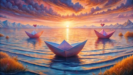 Fototapeta premium Serene sunset scene with colorful paper boats on water and mountains in the background