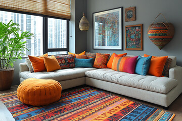 Colorful Bohemian Living Room Decor With Cozy Sofa