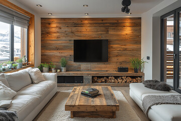 Modern mountain living room with rustic wooden wall