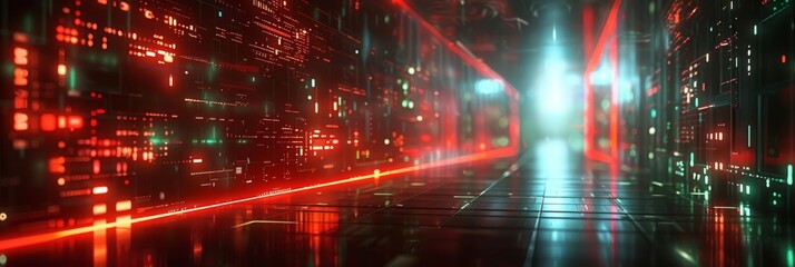 Obraz premium A glowing futuristic corridor with red and green lights stretches infinitely. Concept of technology and digital advancement. For digital technology backgrounds