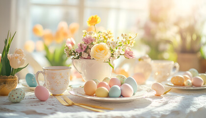 White wooden table with white plate and bowl, pastel colored Easter eggs, fresh garden flowers and brown paper wrapped gift, living room decor