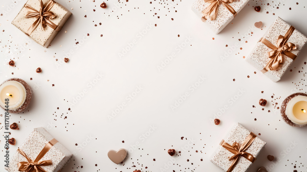 Poster Romantic flat lay composition with gift boxes, candles and heart shaped confetti on white background creating a frame with copy space