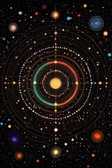 Colorful concentric celestial orbits and planets against starry night sky