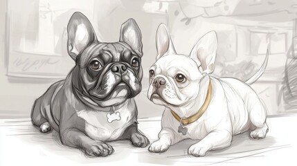 Fototapeta premium Two french bulldogs relaxing indoors in a sketch style image