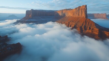 Majestic sandstone cliffs emerge from a sea of clouds at sunrise, dusted with snow.