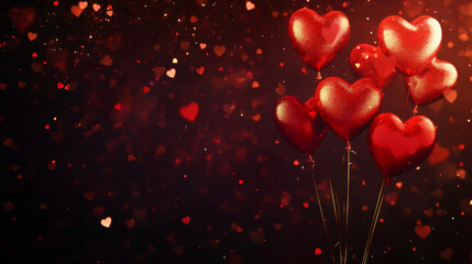 Obraz premium Red heart balloons hovering against dark crimson backdrop, scattering tiny love symbols