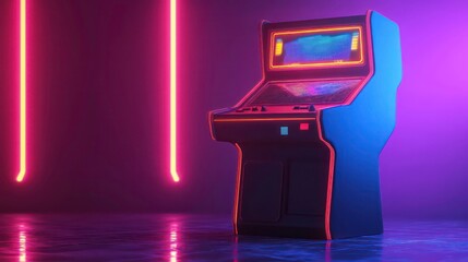 Retro arcade game cabinet in vibrant neon lighting.
