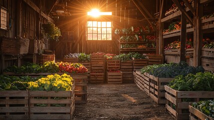 Fresh Produce in Rustic Barn at Sunrise