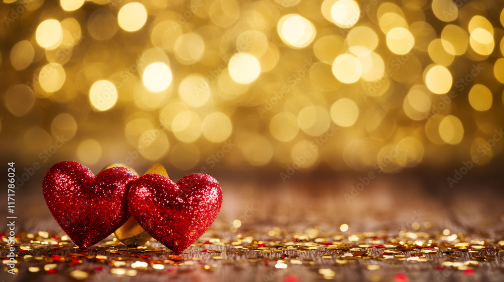 Poster sparkling red glitter hearts lying on weathered wood, dusted with golden confetti and glowing amid s