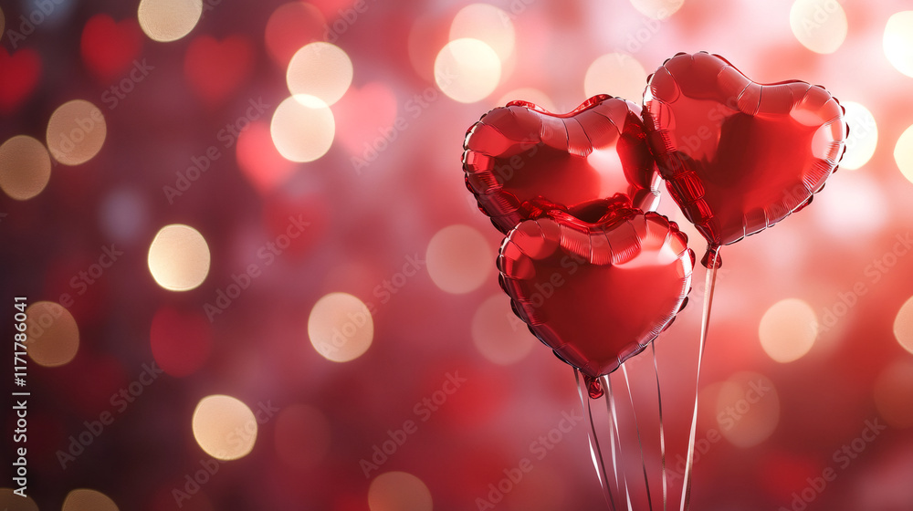 Poster three red heart shaped balloons floating on a bokeh background celebrating valentine's day