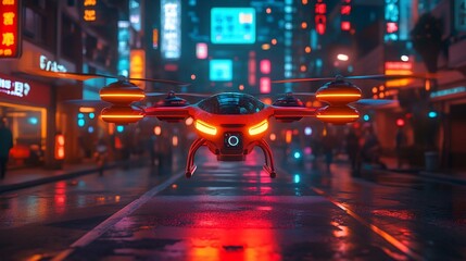 Futuristic drone flying over a neon-lit city street at night.