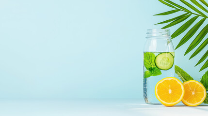 Obraz premium Refreshing detox water with lemon and cucumber slices