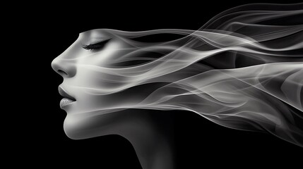Obraz premium Serene woman's face enveloped in ethereal smoke, black background.