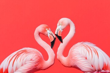 Fototapeta premium two flamingos standing close to each other creating a heart shape, close up, red solid color background for Valentines