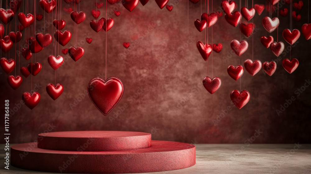 Poster red hearts hanging over two-tiered round display on valentine's day, creating romantic atmosphere fo
