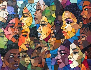 A mosaic of faces, each one unique and distinct in color and expression, coming together to form the portrait of Black women from all walks of life Generative AI