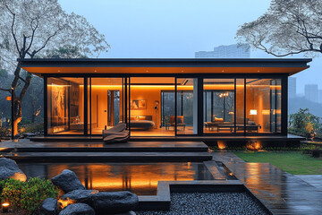 Modern Glass House with Interior Lighting and Water Feature