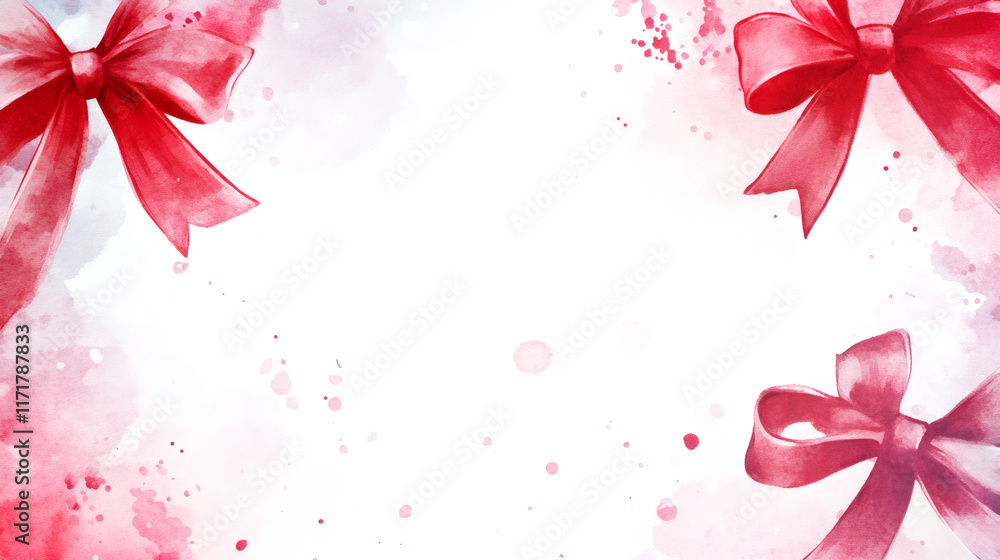 Poster framing a beautiful watercolor valentine's day background, vibrant red bows create an elegant border