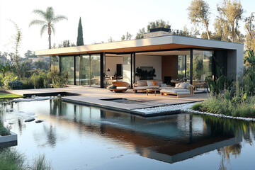 Fototapeta premium Modern House with Pool and Lush Landscaping