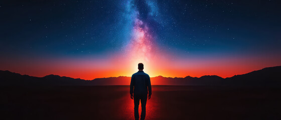 Obraz premium person stands under starry sky at sunset