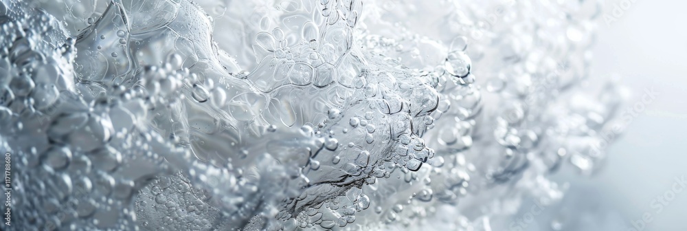 Poster bubbles cluster together in a silvery liquid on a blurred background. concept of abstract texture an