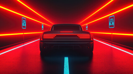 Naklejka premium Futuristic car in neon lights with vibrant red background