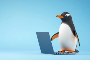 Obraz premium penguin using laptop on blue background