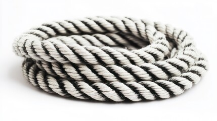 Obraz premium Close-up of a coiled black and white striped rope on a white background.