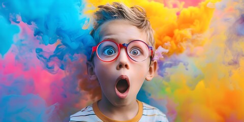 Surprised Child Boy Observing a Colorful Chemical Reaction, Capturing the Wonder and Curiosity of Science Experimentation