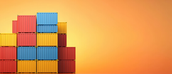 Obraz premium Colorful shipping containers stacked against orange background