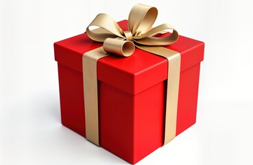 Obraz premium Red gift box with golden ribbon, bow. Gift ready for celebration. Festive, bright. Excellent for gift giving occasions. Ideal for birthdays anniversaries. Photo shows well-decorated present. Great